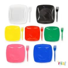 Kit 50 100 Prato Quadrados Biodegradáveis + Garfinhos Descartáveis Para Festas e Aniversários