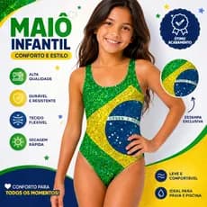 Maiô Infantil Menina Juvenil Proteção Solar UV50+ Roupa de Praia Banho Natação Estampado Brasil Copa do Mundo