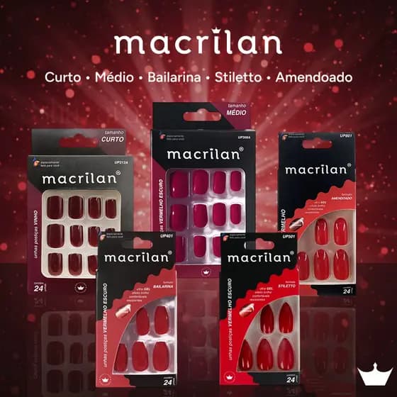 Macrilan Unha Postiça Tamanho Curto/Médio/Bailarina/Stiletto/Oval/Amendoado 24 Peças