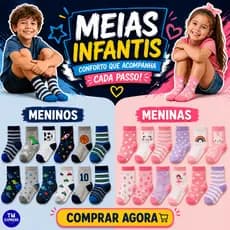 Kit Meias Infantis Menino Menina Algodão Estampadas  Tamanhos 2 a 10 anos — até 12 Pares