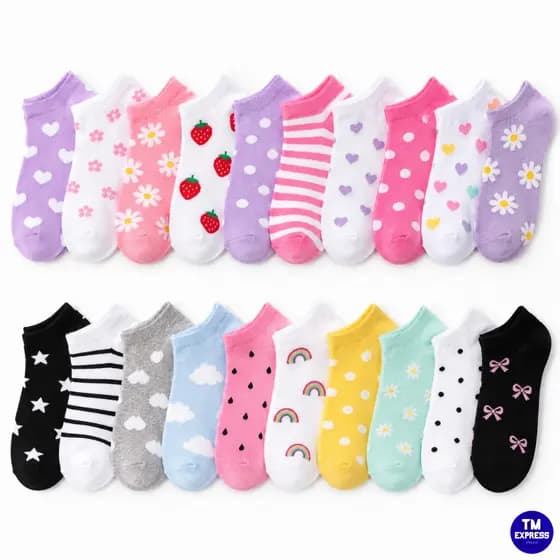 Kit 20 Pares de Meias Femininas Soquete Cano Curto Estampadas Cores Variadas Confortável menor preço