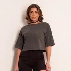 Cropped Feminina Manga Curta Estonada Bolso Casual Confortável Moderna Promoção