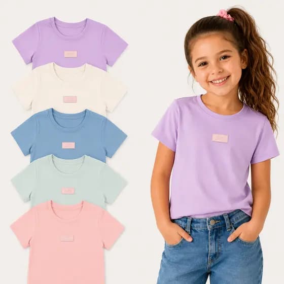 Kit 5 Blusas Infantil Menina Algodão Macio Camisetas Básicas Lisas Coloridas Leves e Confortáveis