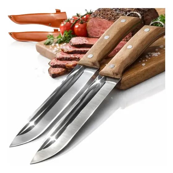 Jogo 2 Facas Churrasco Aço Inox Cabo Madeira Ultra Afiadas Cozinha e Carne