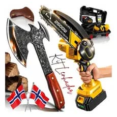 Kit Lenhador Mini Motosserra Elétrica 48v Com Machado Viking