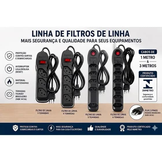 FILTRO DE LINHA REGUA EXTENSÃO ELÉTRICA 3 4 5 6 TOMADAS 10AMPERES CABO 1 e 3 METROS MEGATRON INMETRO
