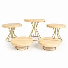 Kit com 5 boleiras e doceiras para decorar sua festa em ferro dourado madeira pinus