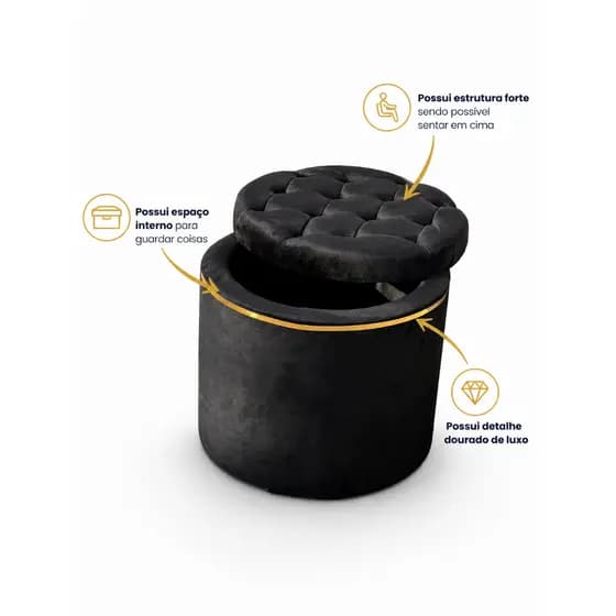 Puff Baú Redondo Grande de Luxo com Captonê Suporta até 130kg Baú Organizador