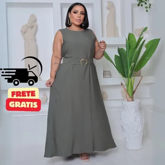 Vestido Longo Feminino Sensorial Sem manga com Fivela na Cintura e Elastex nas Costas