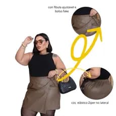 Saia Feminina Courino Sintético Plus Size Cintura Alta com Zíper Lateral + Fivela Regulável