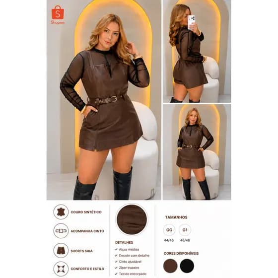 ✨ Macaquinho Shorts Saia Plus Size Feminino em Couro Sintético – Elegância e Estilo ✨