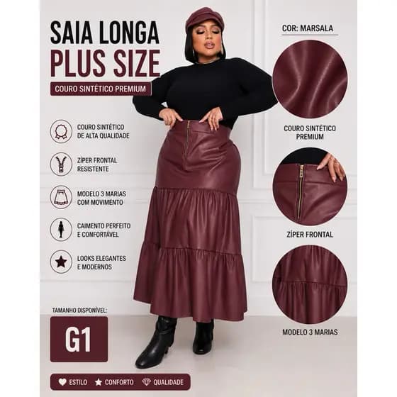 Saia Feminina Com Três Marias Elastex Nas Costas Ziper Frontal Couro Sintético