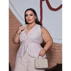 Blusa Regata Plus Size Feminina Transpassada Decote V Listrada