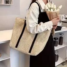 Bolsa de palha Bolsa de praia Bolsa de ombro Casual Simples Versátil Bolsa Artesanal Alça Preta