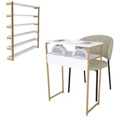 Mesa Nails Design com suportes de Metalon, acompanhada com Expositor