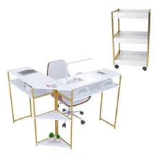 Kit Mesa Bancada Em L Industrial Para Manicure Com Carrinho Auxiliar Multiuso Salão de Beleza