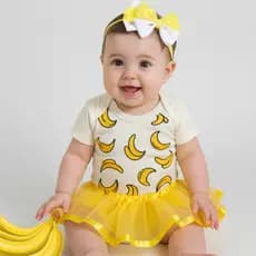 Kit Body Bebê Infantil + Laço Banana Frutinha Mesversário Temático – Suedine 100% Algodão, RN ao G