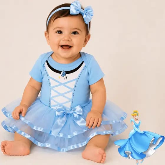 Body Bebê Infantil Para Menina Princesa Cinderela Temático Mesversário Com Saia de Tule e Laço Azul Fantasia RN ao G