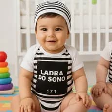 Body Infantil Engraçado Bebê Ladrão do Sono Temático Mesversário - Manga Curta 100% Algodão Premium Com Touca