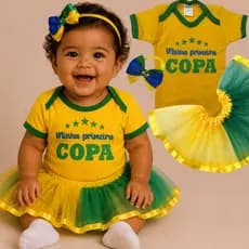 Body Infantil Bebe Brasil Primeira Copa Temático Copa do Mundo Roupa Mêsversario Para Menino Menina