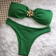 Conjunto de Biquíni Feminino Tomara Que Caia Com Fivela Orgânica de Flor Dourada, Conjunto Praia 2025