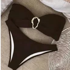 Conjunto de Biquini Praia Feminino com Decote Tomara Que Caia, Decoração Metálica