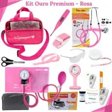 Kit de Enfermagem Completo com Aparelho de Pressão, Esteto Duplo, Medidor de Glicemia e Relógio de Lapela - Ouro