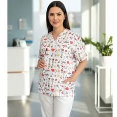 Conjunto de Pijama Cirúrgico e Hospitalar de Oxford com Blusa Estampada da Enfermagem com Bolsos e Calça Branca Lisa