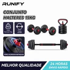 Runify Kit 15kg - Halteres, Anilhas, Barras e kettlebell Ajustáveis - Treino em Casa Musculação