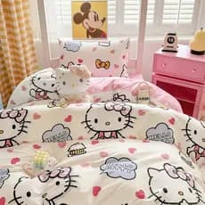Conjunto de Cama Love Hello Kitty KT Cartoon 4 em 1, Edredom para Quarto de Dormitório, Capa Plana, Lençol e Fronha AZ2C