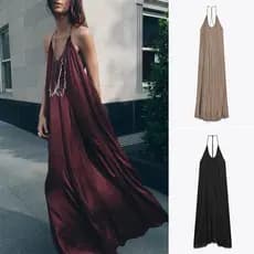 Vestido de Outono Feminino ZA com Alça Halter e Textura de Cetim de Seda 8040019 SA86