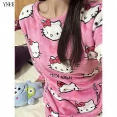 Conjunto de Pijama Sanrio Hello Kitty em Flanela com Mangas Longas e Calças, Roupas de Casa Femininas, Kawaii, Anime, Ca