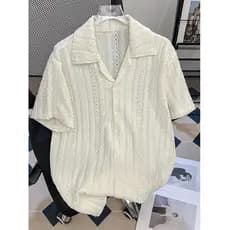 Camisa de malha de manga curta masculina, estilo americano, gola cubana, camisa de meia manga, moda Puffian bo AN9X