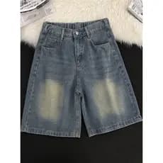 Shorts de jeans lavados e desgastados, masculinos, verão, streetwear, soltos, retos, médios, americanos, retrô, de perna