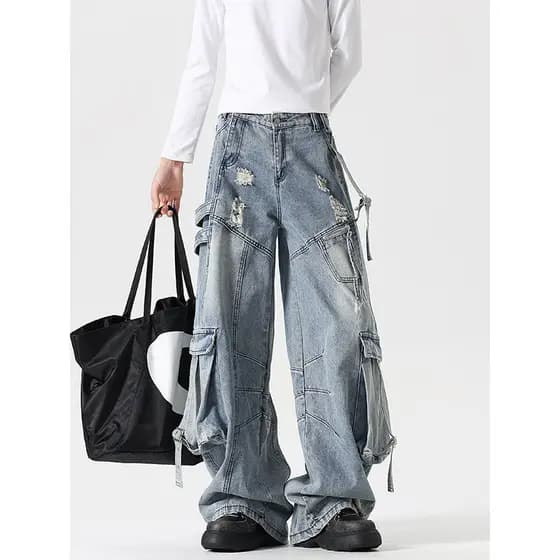 Calças Jeans Multi-Rasgo da Indústria Pesada para Homens e Mulheres, Moda de Rua Outono, Calças Retas Machete American H