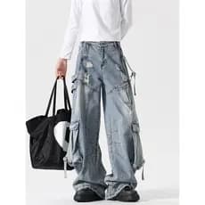 Calças Jeans Multi-Rasgo da Indústria Pesada para Homens e Mulheres, Moda de Rua Outono, Calças Retas Machete American H