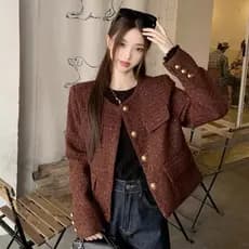 2025 Primavera Outono Jaqueta Curta de Tweed Retro Solta de Manga Longa YU4O
