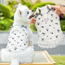Adorável Vestido Branco Preto Com Estampa Floral Para Cachorro Acabamento Em Renda E Laço – Roupa Perfeita De Verão Raça