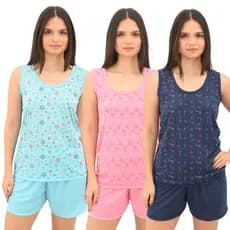 Pijama Babydoll Regata Estampado Fundo Branco com Short Liso em Malha Confortável Feminino