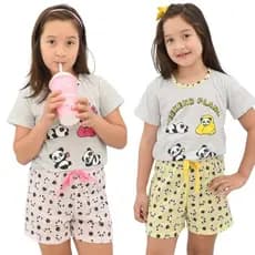 Pijama Baby Doll Infantil Panda com Blusa Silk e Short Estampado Confortável em Malha