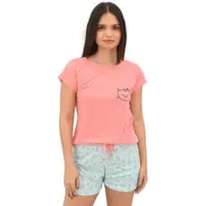Pijama Baby Doll Feminino Gatinha Meia Estação Salmão com Azul BB em Malha Confortável
