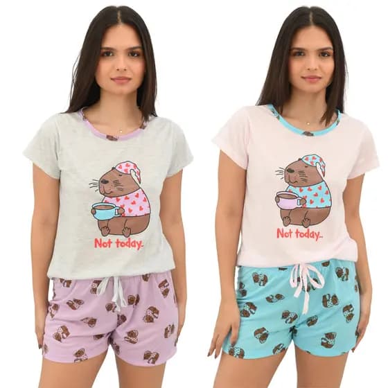 Pijama Baby Doll Feminino Capivara com Short Estampado Capivara Confortável em Malha