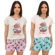 Pijama Baby Doll Feminino Capivara com Short Estampado Capivara Confortável em Malha