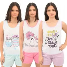 Pijama Baby Doll Feminino Mania de Sonhar Regata Estampado Fundo Branco Short Liso Malha Leve Conforto