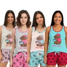 Pijama Baby Doll Regata Feminino Capivara com Short Estampado Confortável em Malha