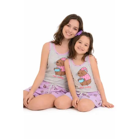 Kit Pijama Baby Doll Mãe e Filha Capivara Regata com Short Estampado em Malha Confortável