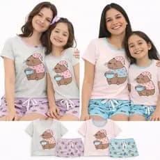 Kit Pijama Mãe e Filha Capivara Baby Doll Feminino e Infantil com Short Estampado em Malha Confortável
