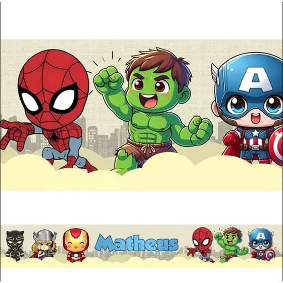 Faixas decorativas personalizada - Tema Vingadores baby - Fundo bege - envie o nome pelo chat - disp