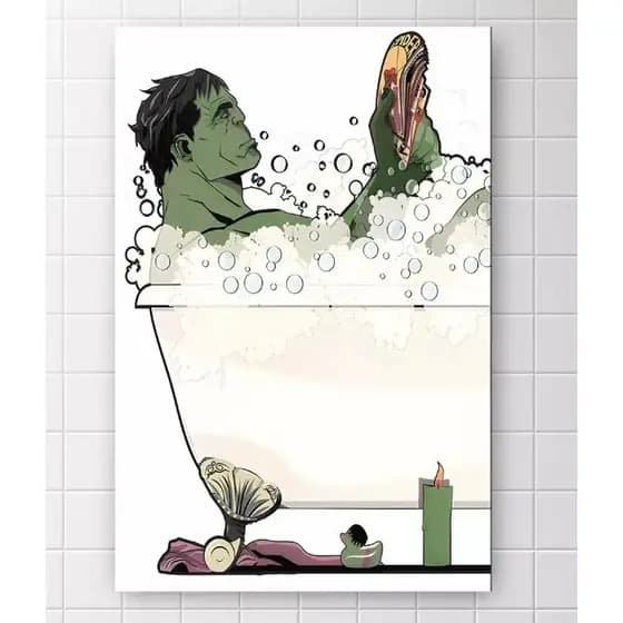 Quadro decorativo 1 peça Tema Hulk no banho - Banheira - Banheiro - Disponível em diversas opções de