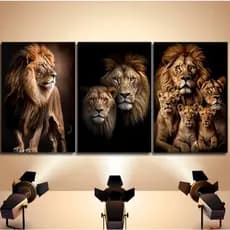 Quadros decorativos 3 peças Tema Leões - Família - Fundo escuro - Luxo - Disponível em diversas opçõ